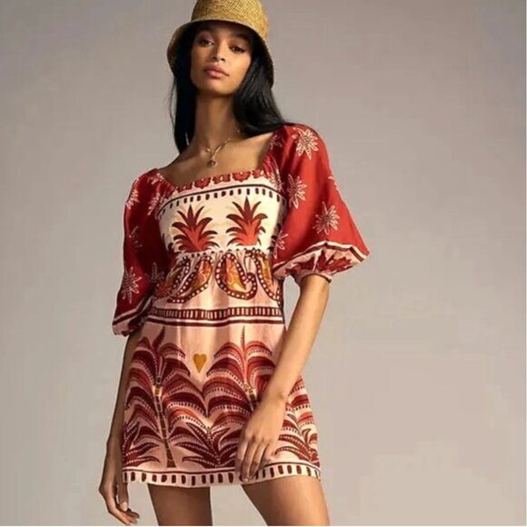 FARM Rio Dresses & Skirts - FARM RIO Square Neck Dress Puff Sleeve Linen Dress Size Small